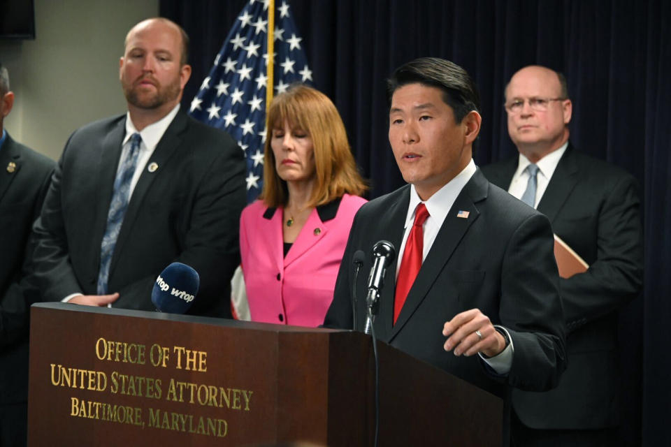 U.S. Attorney Robert K. Hur speaks at a press conference announcing the indictment of former Baltimore Mayor Catherine Pugh, Wednesday, Nov. 20, 2019, in Baltimore. Pugh was charged Wednesday with fraud and tax evasion involving sales of her self-published children's books. (Lloyd Fox/The Baltimore Sun via AP)