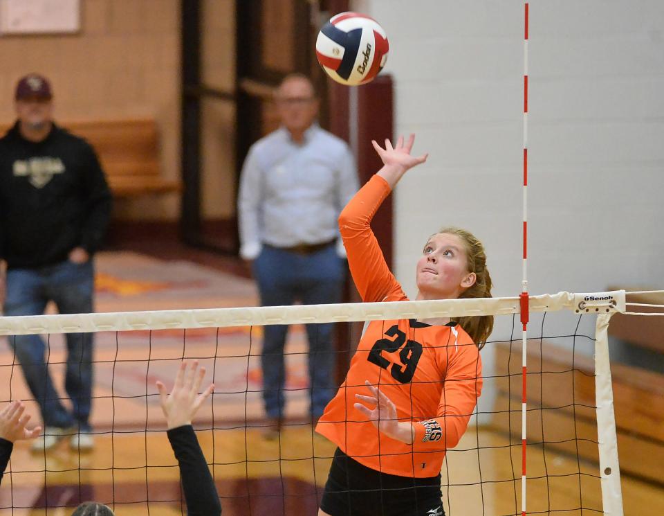 Corry Area High School freshman Grace Allen hits against North East during a Region 4 volleyball match in North East on Tuesday.