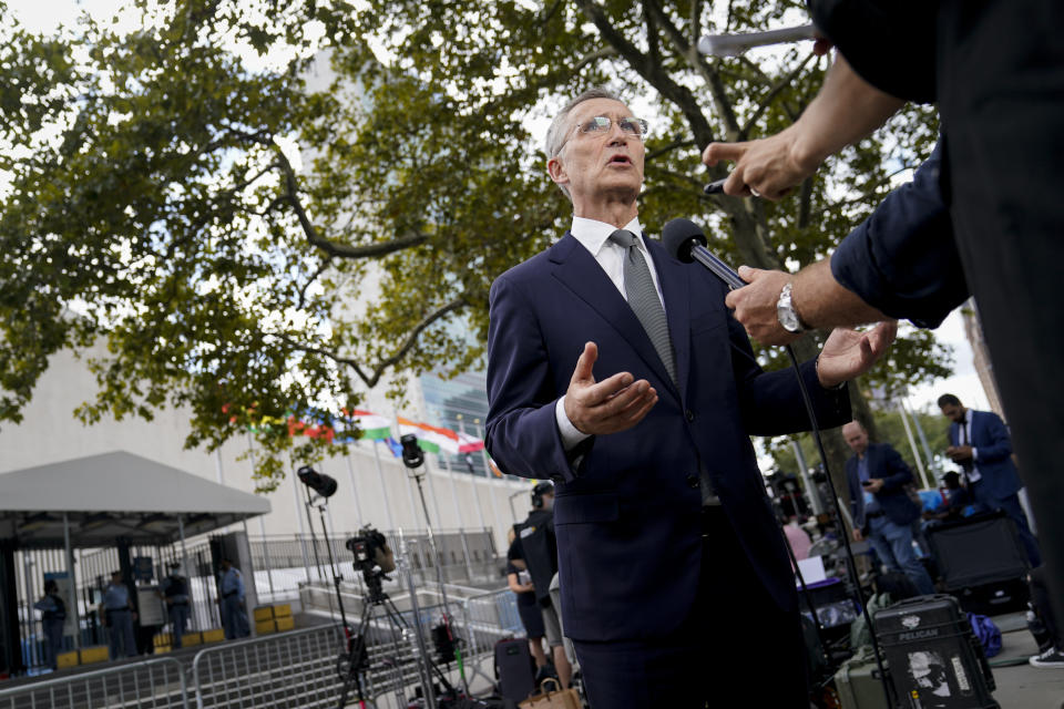 Jens Stoltenberg, NATO Secretary General, is interviewed outside the United Nations headquarters, Tuesday, Sept. 21, 2021, during the 76th Session of the U.N. General Assembly in New York. (AP Photo/John Minchillo, Pool)