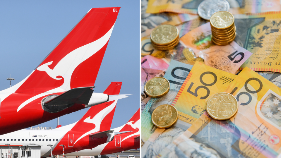 Qantas planes. Australian money. Saving money on travel concept.