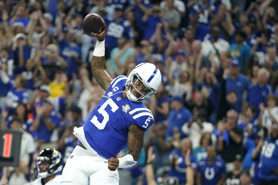 Indianapolis Colts quarterback Anthony Richardson celebrates after scoring during the first half of an NFL football game against the Jacksonville Jaguars Sunday, Sept. 10, 2023, in Indianapolis. (AP Photo/Darron Cummings)