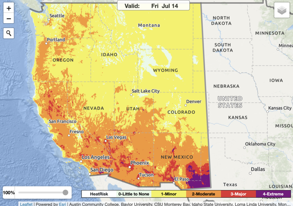 The National Weather Service issued maps showing the heat risks across the country including southwest and western states (NWS)