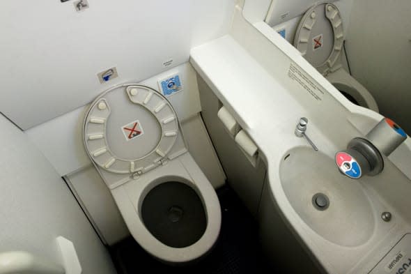 Toilet / lavatory (thought to be a Airbus A320-214 plane) and wash basin / bathroom on an aircraft / airplane / aeroplane flight