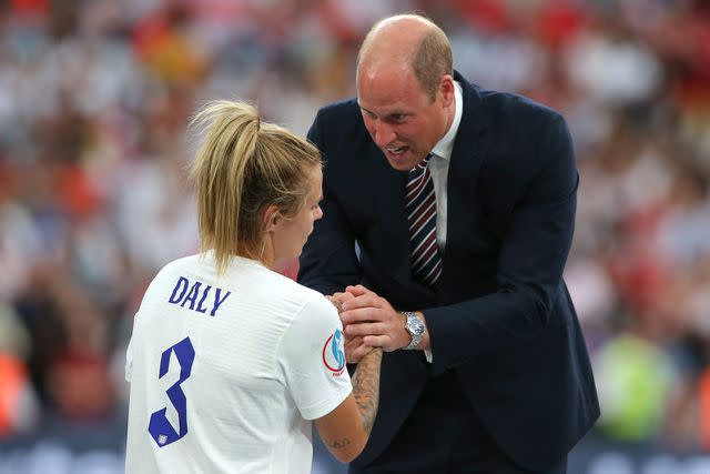 <p>Jonathan Moscrop/Getty </p> Rachel Daly and Prince William at the Women's Euro final on July 31, 2022