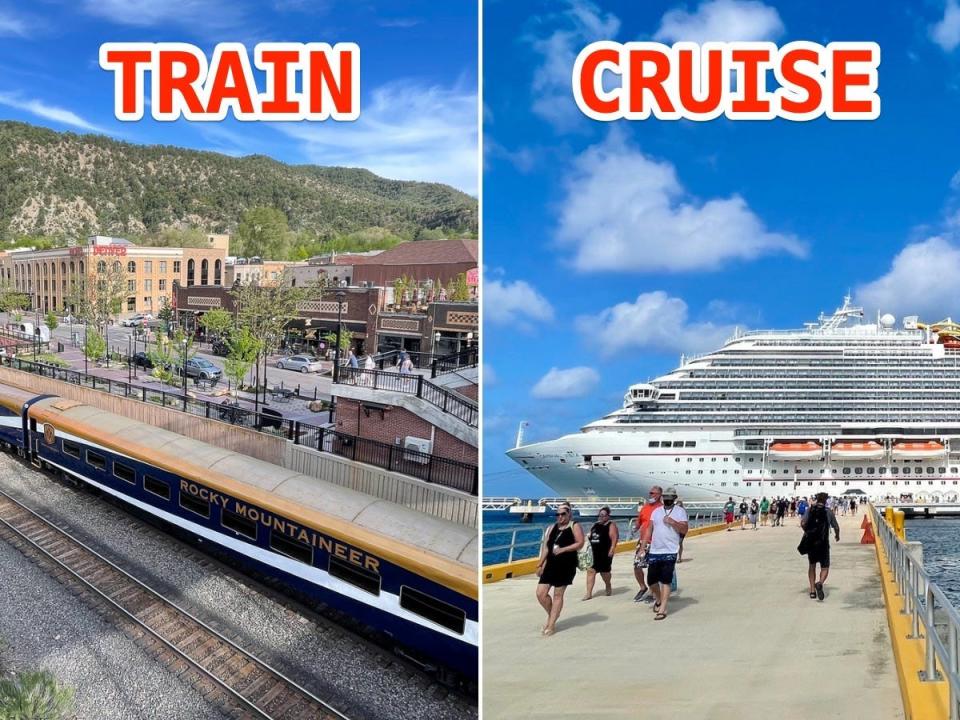 The exterior of the Rocky Mountaineer and the Carnival Vista.