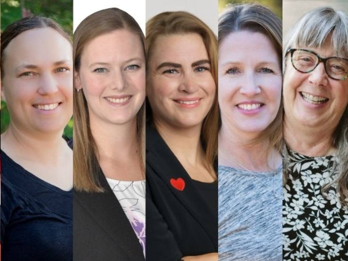 CBE trustees elect from left to right: Charlene May, Susan Vukadinovic, Laura Hack, Dana Downey, Patricia Bolger, Nancy Close and Marilyn Dennis.  (CBC - image credit)