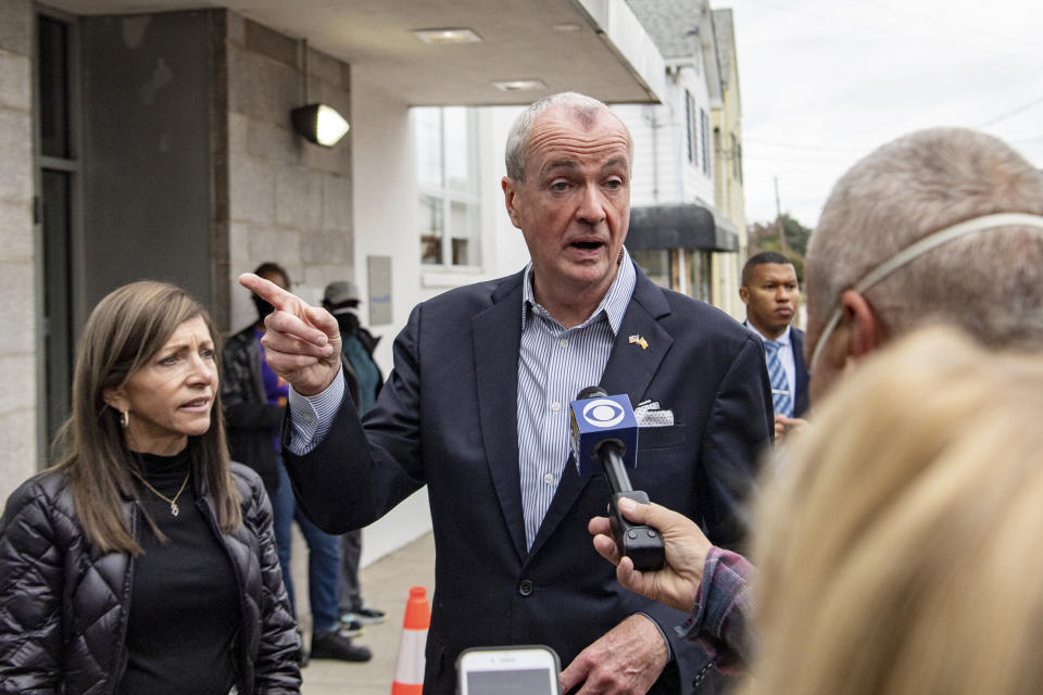 Gov. Phil Murphy speaks after casting his early vote at the Arts and Cultural Center in Long Branch, N.J., on Saturday, Oct. 23, 2021. (John Jones/NJ Advance Media via AP)