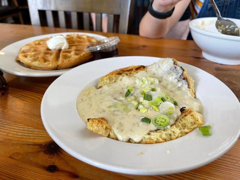 Decide between biscuits and gravy or the waffle at Mockingbird Cafe in Bay St. Louis, or order both for Mother’s Day brunch.