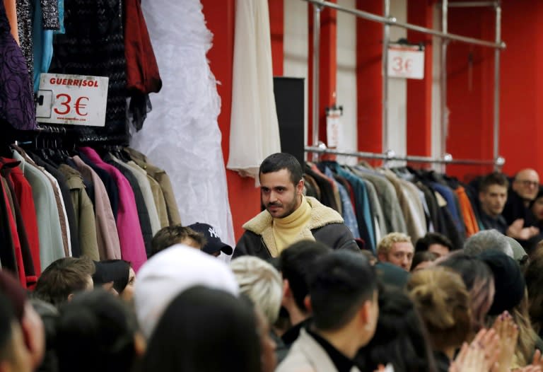 Designer Francisco Terra acknowledges the audience following the Neith Nyer fashion show in Paris, on March 1, 2017