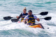 <p>Speaking of Affleck, the actor took a break from filming the 2019 action movie <i>Triple Frontier</i> on the island long enough to try out kayak surfing with Shookus. (Photo: Backgrid) </p>