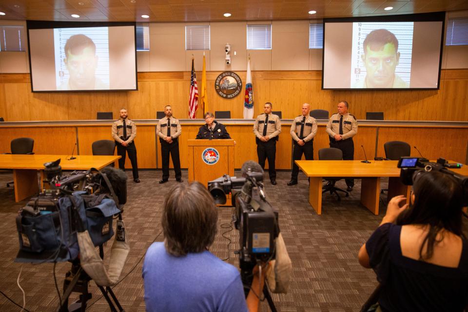 Sheriff Kim Stewart holds a news conference to discuss the former Doña Ana County deputy accused of kidnapping and sexual assault on Friday, Sept. 22, 2023, at the Doña Ana County building.