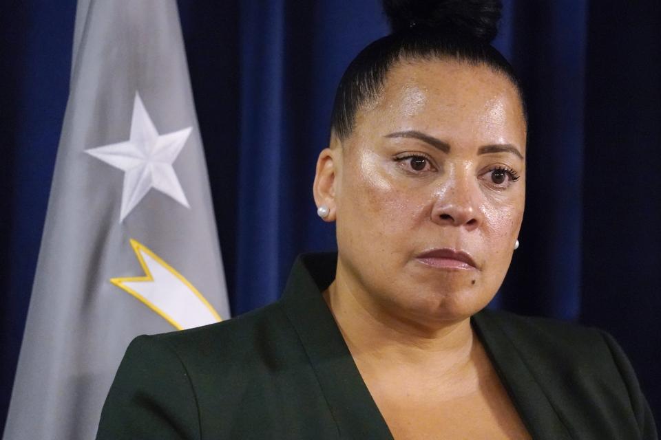 FILE - Massachusetts U.S. Attorney Rachael Rollins addresses the media at the Moakley Federal Courthouse, May 24, 2022, in Boston. Rollins will resign after a monthslong ethics investigation by the Justice Department's inspector general into her appearance at a political fundraiser and other potential issues, her attorney said Tuesday, May 16, 2023. (AP Photo/Charles Krupa, File)