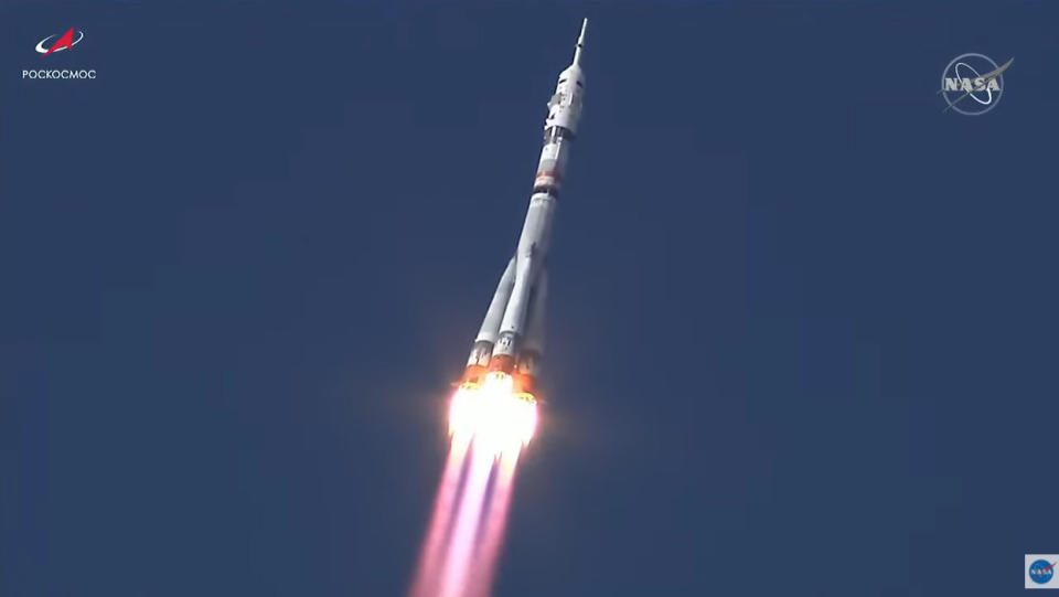 A Russian Soyuz rocket and Soyuz MS-18 spacecraft launch a film crew toward the International Space Station from Baikonur Cosmodrome, Kazakhstan on Oct. 5, 2021.