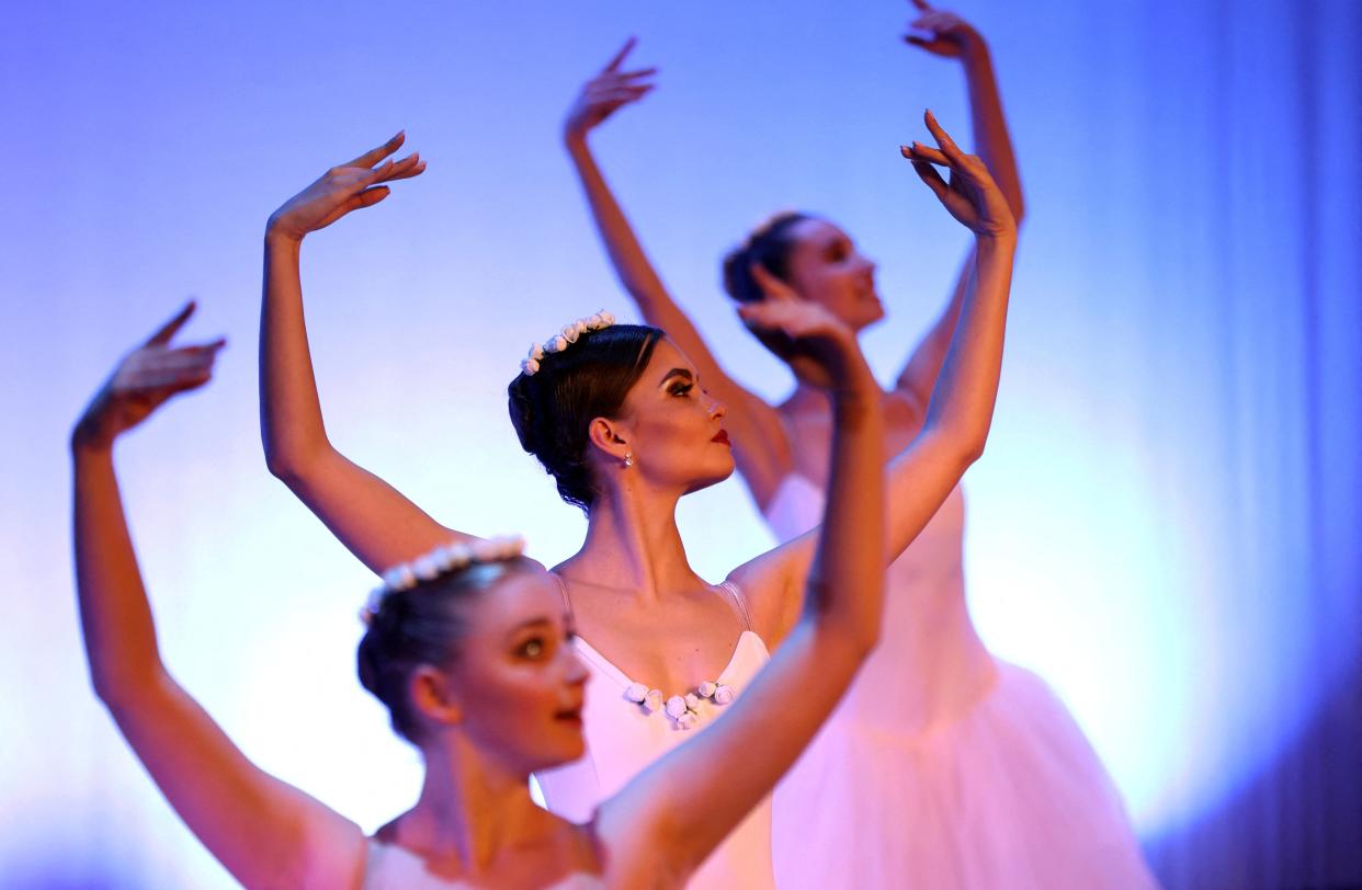 Ballerinas from Kyiv City ballet perform on stage during the opening night gala performance at York Theatre Royal in York, Britain, March 30, 2023 (REUTERS)