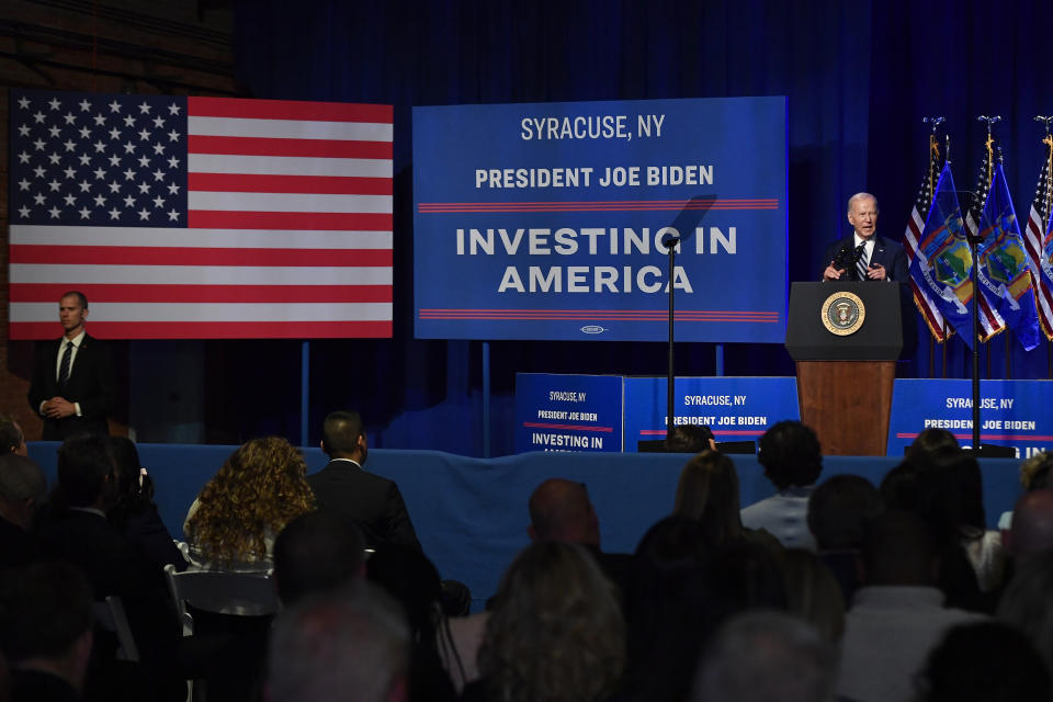 President Joe Biden delivers remarks on the CHIPS and Science Act at the Milton J. Rubenstein Museum in Syracuse, N.Y., Thursday, Apr. 25, 2024. (AP Photo/Adrian Kraus)