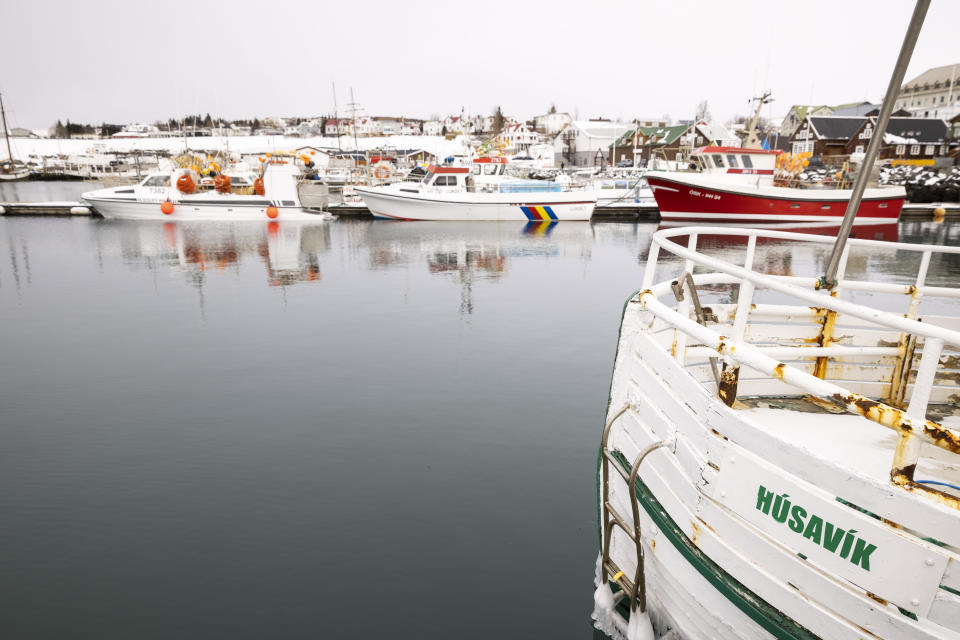 A view of Húsavík harbor appears in Iceland, Thursday, April 8, 2021. "Húsavík (My Hometown)", a song from the film "Eurovision Song Contest: The Story of Fire Saga," is nominated for an Oscar for best original song. The people of Húsavík, a town of only 2,300, have staged a grassroots Oscar campaign on behalf of the song and adopted it as a de facto local anthem. (AP Photo/Brynjar Gunnarsson)