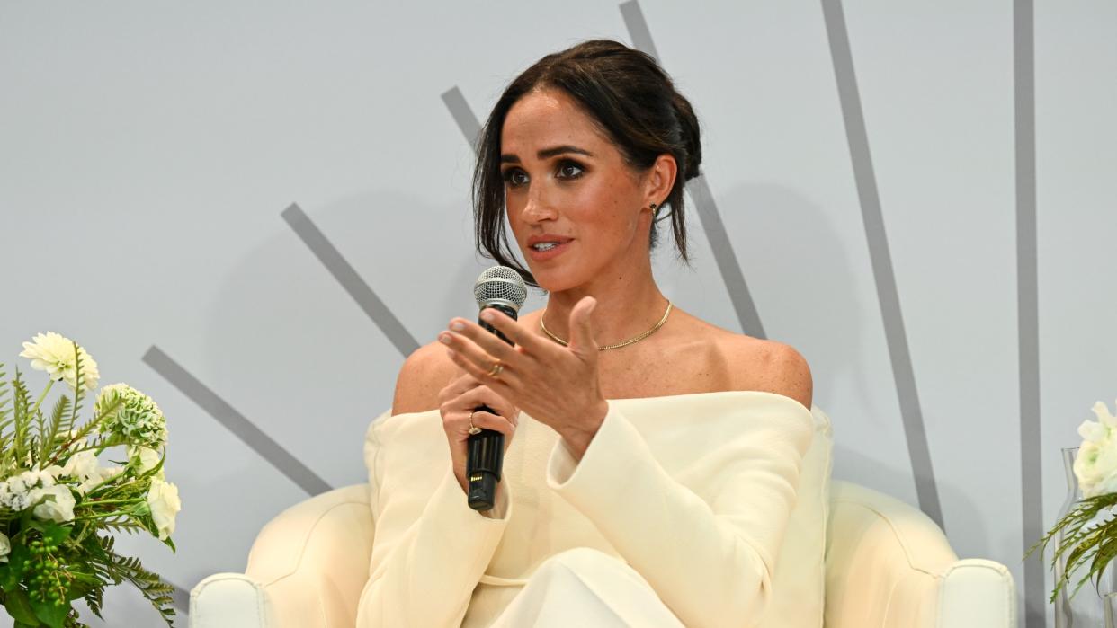  Meghan Markle admits she's 'frightened' for Archie and Lilibet's futures - Meghan, Duchess of Sussex speaks onstage at The Archewell Foundation Parents’ Summit: Mental Wellness in the Digital Age during Project Healthy Minds' World Mental Health Day Festival 2023 at Hudson Yards on October 10, 2023 in New York City. 