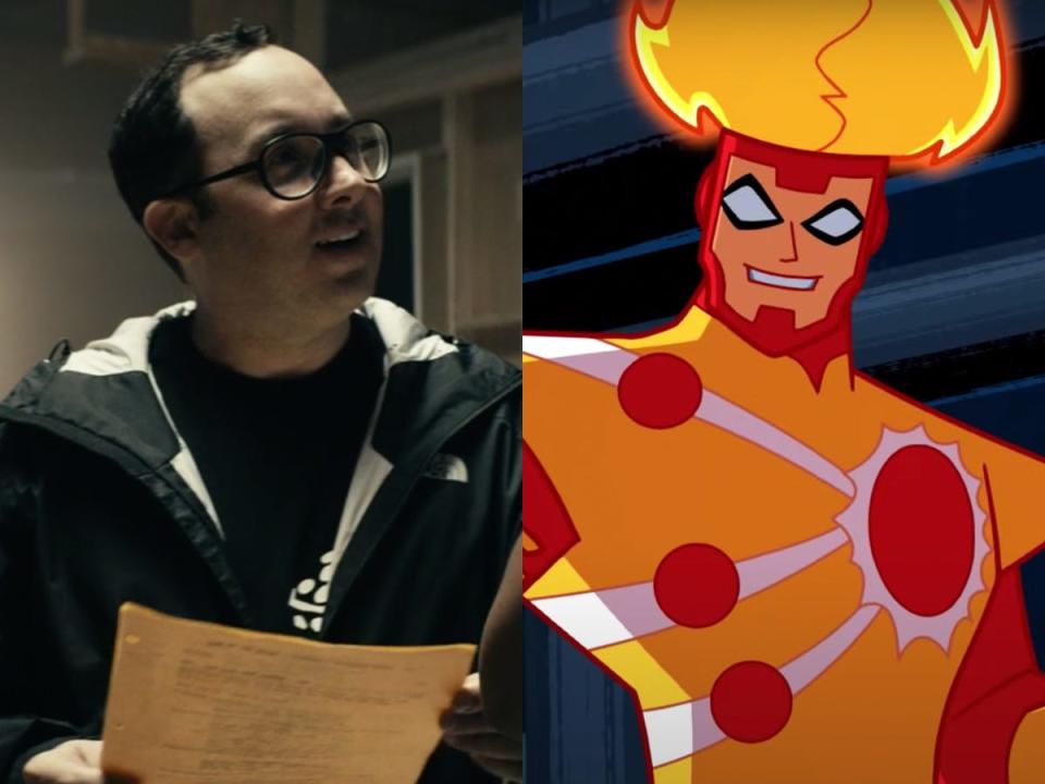 On the left: P.J. Byrne as Adam Bourke on season two of "The Boys." On the right: Firestorm on "Justice League Action."