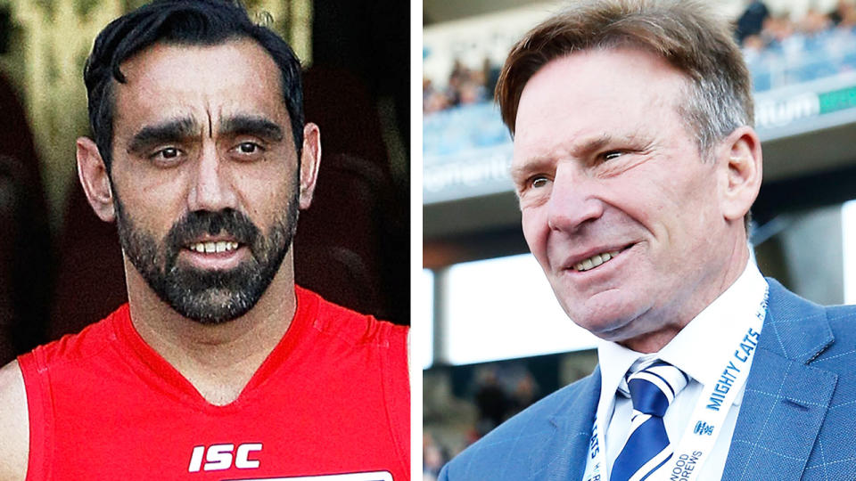 A 50-50 split image shows Adam Goodes on the left and Sam Newman on the right.