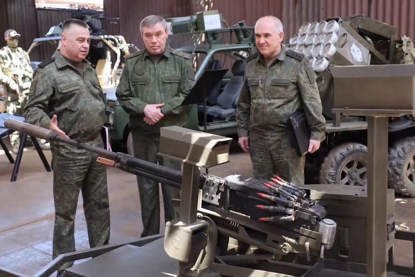 Russian Army Chief of General Staff Gen Valery Gerasimov visits at the command post of the battlegroup East in an undisclosed location, July 2024