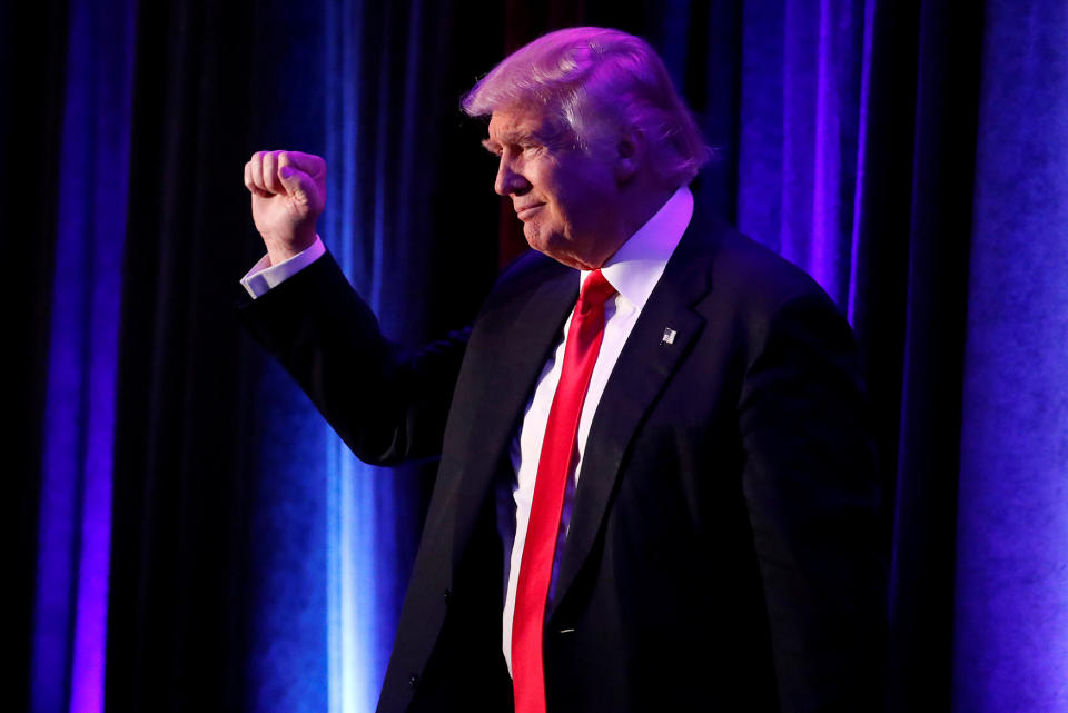 Republican presidential nominee Donald Trump arrives for his election night rally