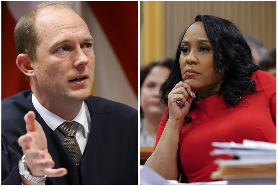 In this photo combination of file images, Fulton County Superior Judge Scott McAfee presides in court, left, while Fulton County District Attorney Fani Willis, right, looks on during a hearing on the Georgia election interference case, March, 1, 2024, in Atlanta. (AP Photos/Alex Slitz)
