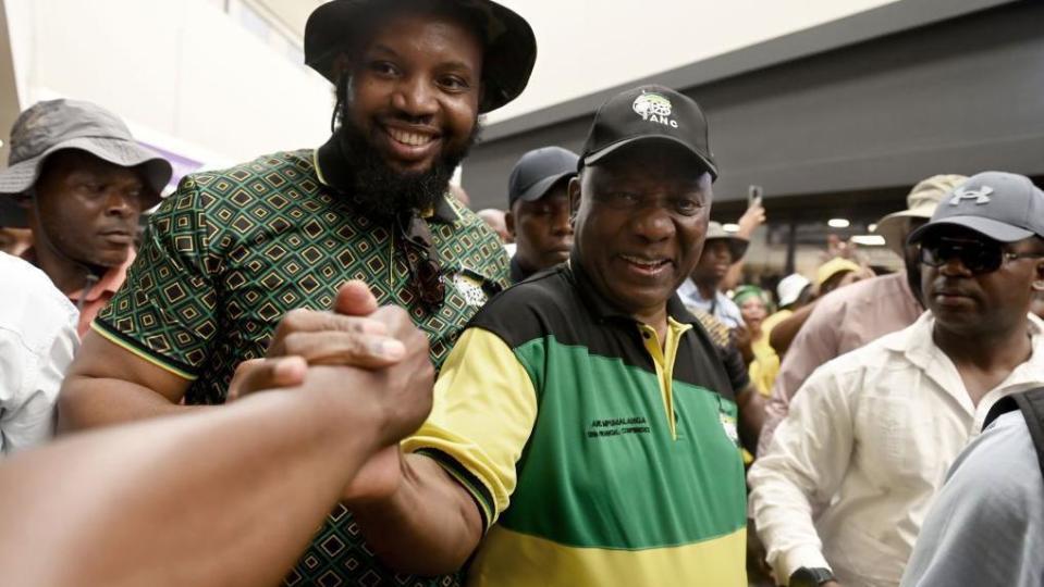 Cyril Ramaphosa, president of the African National Congress (ANC), greets supporters during an election campaign event at Hammersdale Junction mall in KwaZulu Natal province, South Africa, on Sunday, April 21, 2024