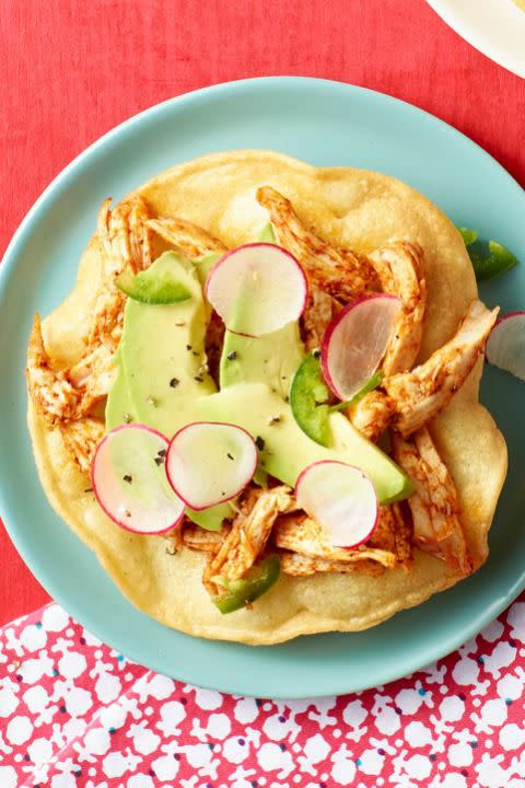 Chile Chicken Tostadas with Radishes, Avocado, and Jalapeno