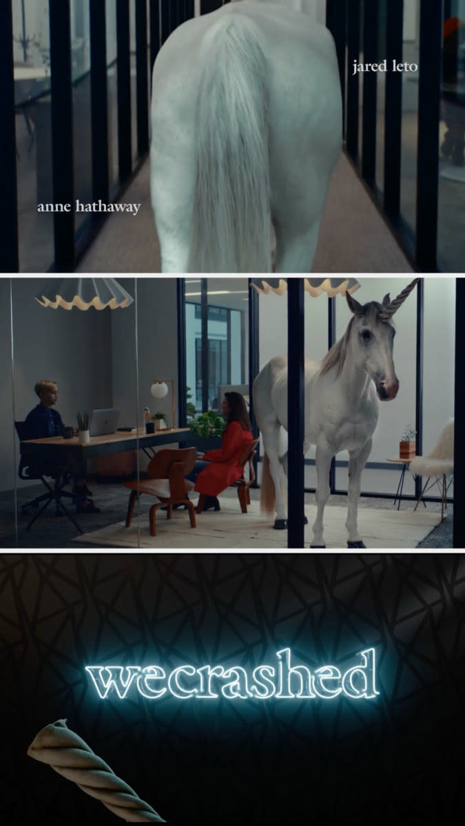 A large unicorn in an office and the title card for "WeCrashed"