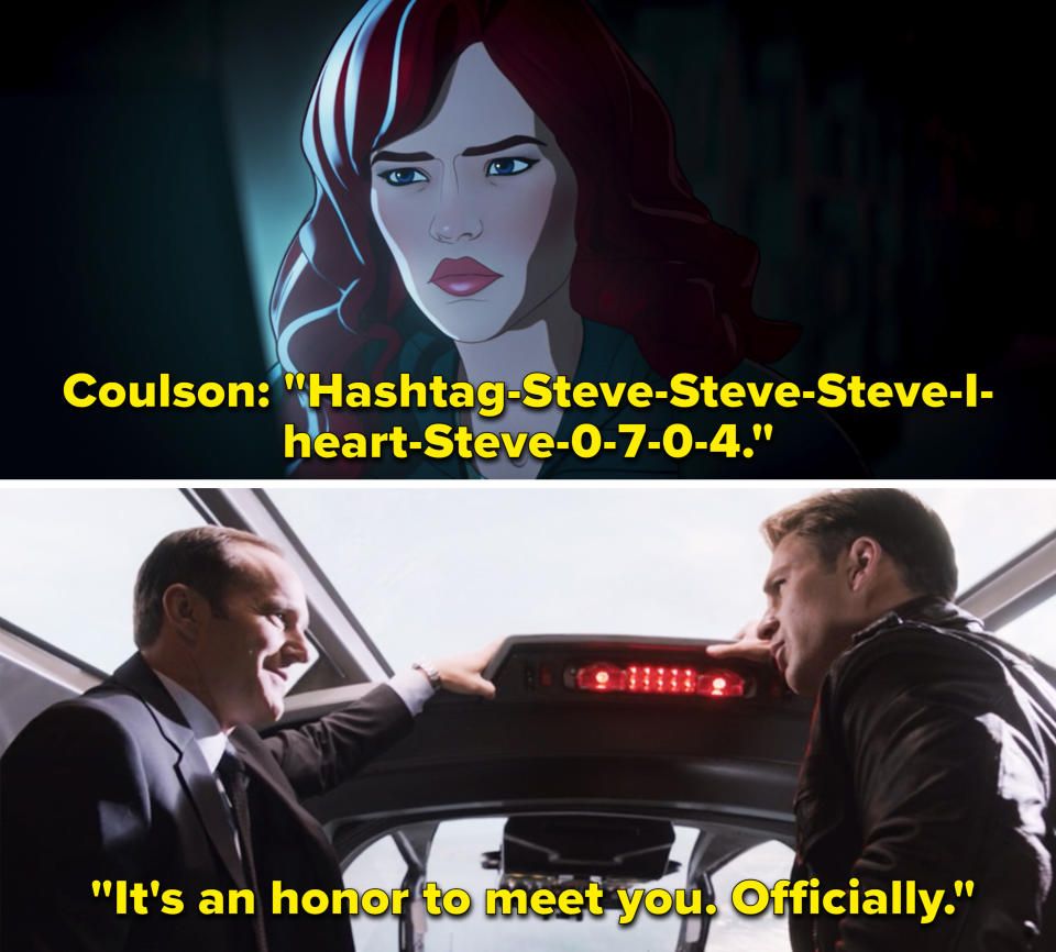 Coulson saying, "Hashtag Steve Steve Steve I heart Steve 0 7 0 4"