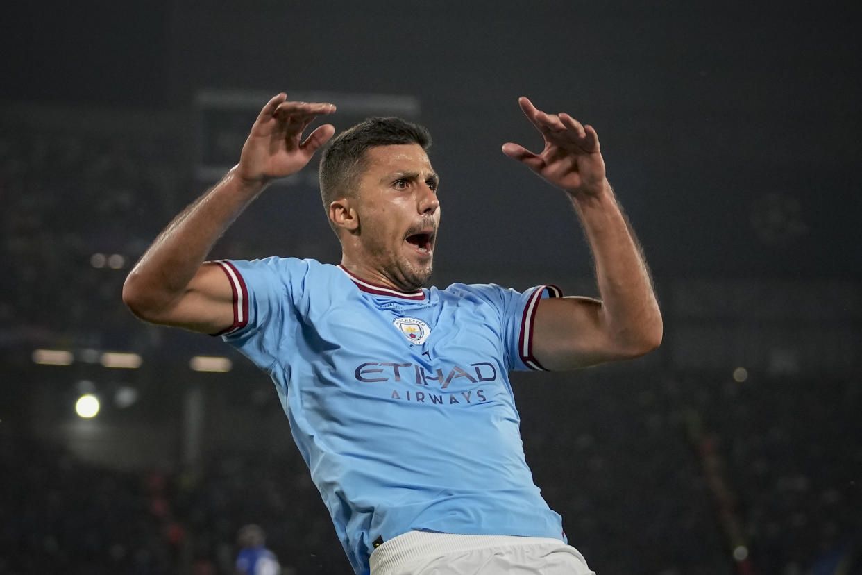 Manchester City's Rodrigo celebrates after scoring his side's first goal during the Champions League final between Manchester City and Inter Milan at the Ataturk Olympic Stadium in Istanbul, Turkey, Saturday, June 10, 2023. (AP Photo/Emrah Gurel)