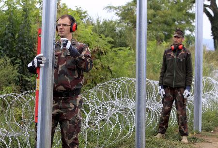 Hungarian army soldiers erect a fence on the border with Croatia near Sarok, Hungary, September 20, 2015. REUTERS/Bernadett Szabo