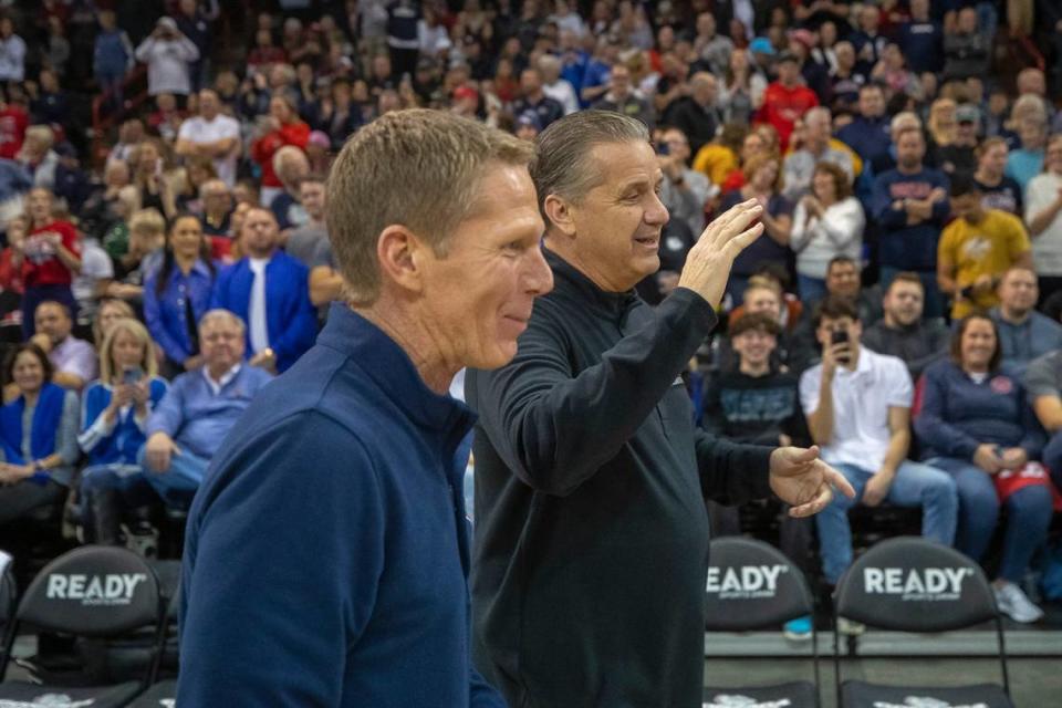 In the 2023-24 season, Mark Few and Gonzaga, left, will play Kentucky and John Calipari, right, at Rupp Arena on Feb. 10.