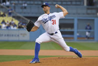 Los Angeles Dodgers starting pitcher Tyler Anderson throws to a New York Mets batter during the first inning of a baseball game Friday, June 3, 2022, in Los Angeles. (AP Photo/John McCoy)