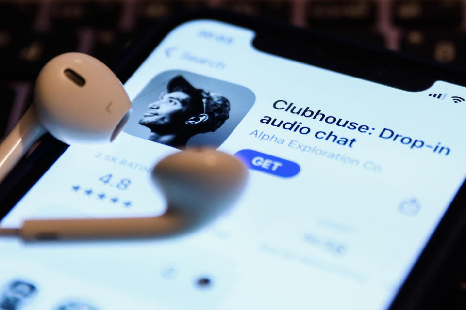 Clubhouse Drop-in audio chat app logo on the App Store is seen displayed on a phone screen in this illustration photo taken in Krakow, Poland on April 6, 2021.  (Photo Illustration by Jakub Porzycki/NurPhoto via Getty Images)