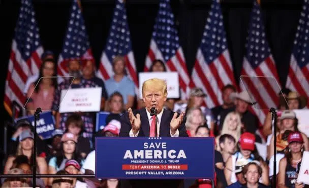 PHOTO: Former President Donald Trump speaks at a 'Save America' rally in support of Arizona GOP candidates on July 22, 2022, in Prescott Valley, Ariz. (Mario Tama/Getty Images)