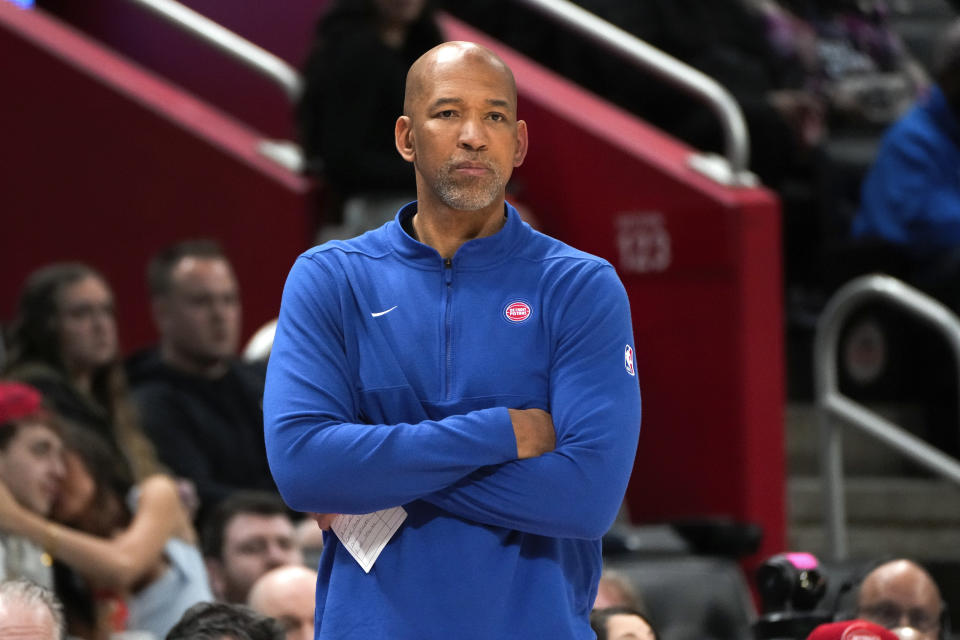 Detroit Pistons head coach Monty Williams watches against the Chicago Bulls in the second half of an NBA basketball game in Detroit, Thursday, April 11, 2024. (AP Photo/Paul Sancya)