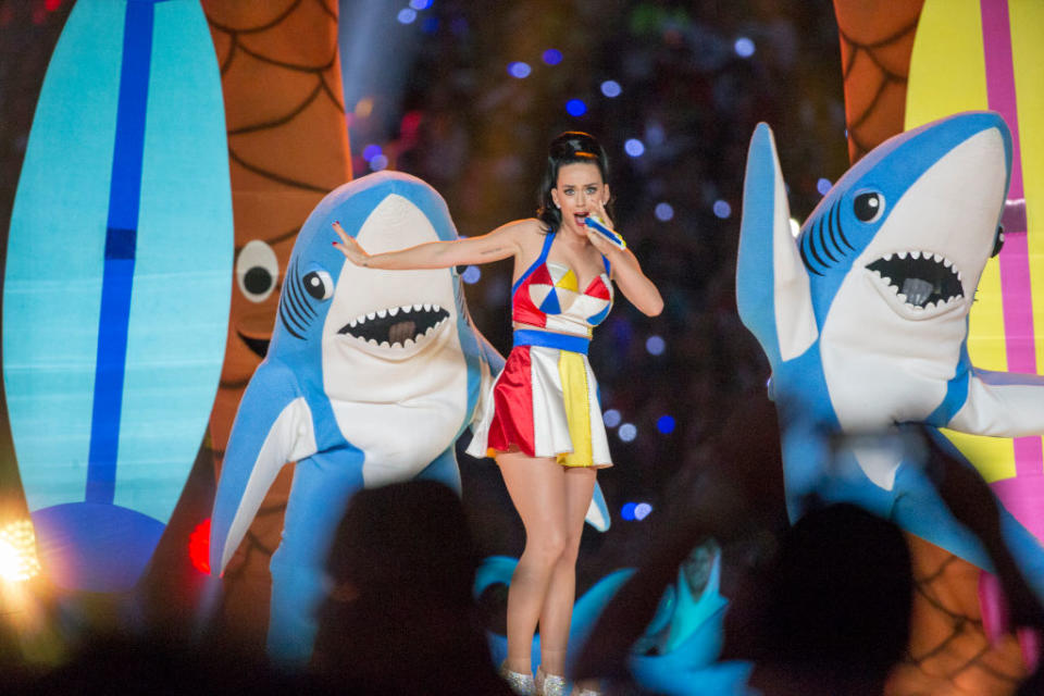 FILE – Katy Perry signs at the halftime show during Superbowl XLIX game between the Seattle Seahawks and the New England Patriots, on February 1, 2015 in Glendale, AZ. (Photo by Tom Hauck/Getty Images)