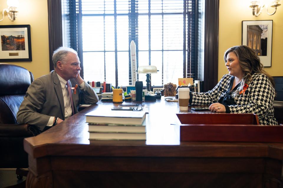 Mar 7, 2024; Washington D.C.,USA; Elizabeth Carr, the first IVF baby to be born in the U.S., speaks with Sen. Tim Kaine (D-Va.) in his office the afternoon before the State of the Union, where Carr will be attending as Sen. Kaine’s guest Thursday, March 7, 2024.. Mandatory Credit: Josh Morgan-USA TODAY ORG XMIT: USAT-873105 [Via MerlinFTP Drop]