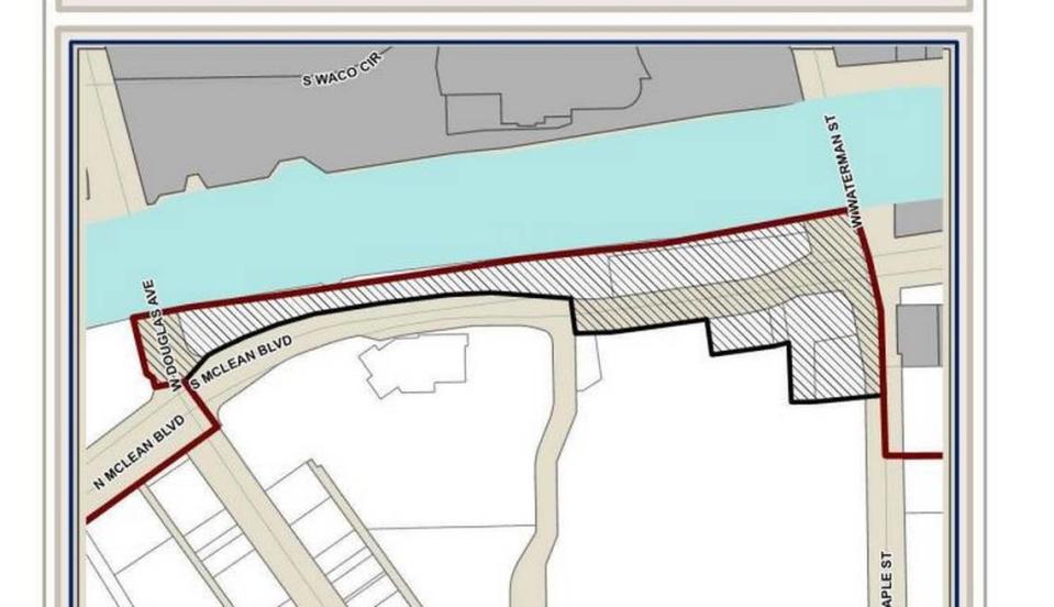 Wichita is poised to remove EPC Real Estate Group’s development area from a TIF district used to pay for Riverfront Stadium. Instead, the developers will get their own district on the west bank of the Arkansas River (shown in the area shaded with lines above).