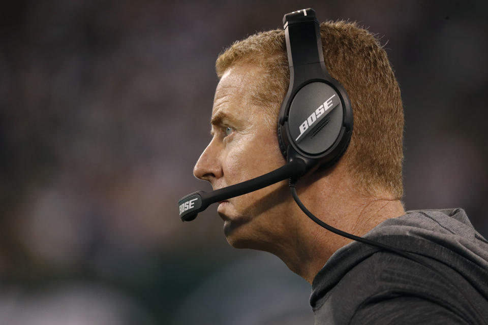 EAST RUTHERFORD, NEW JERSEY - OCTOBER 13: Head coach Jason Garrett of the Dallas Cowboys looks on during the fourth quarter against the New York Jets at MetLife Stadium on October 13, 2019 in East Rutherford, New Jersey. The Jets defeated the Cowboys 24-22. (Photo by Michael Owens/Getty Images)