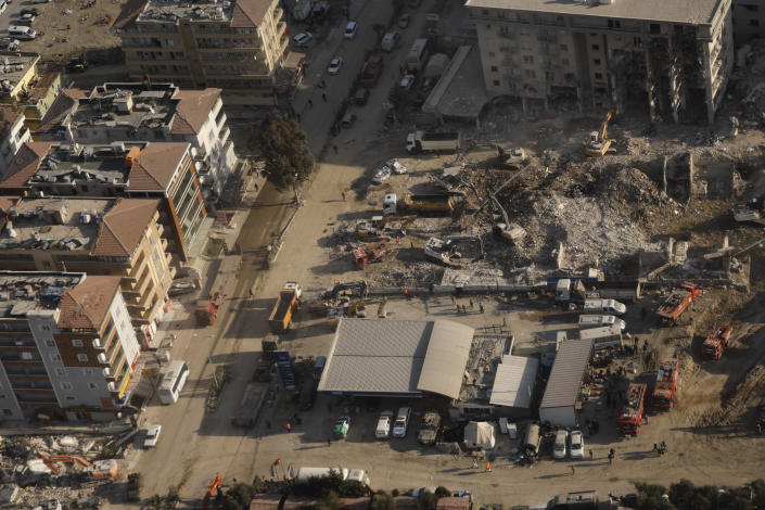 A general view of damage following a deadly earthquake, as U.S. Secretary of State Antony Blinken and Turkish Foreign Minister Mevlut Cavusoglu take a helicopter tour of earthquake stricken areas of Hatay Province, Turkey, Sunday, Feb. 19, 2023. (Clodagh Kilcoyne/Pool Photo via AP)