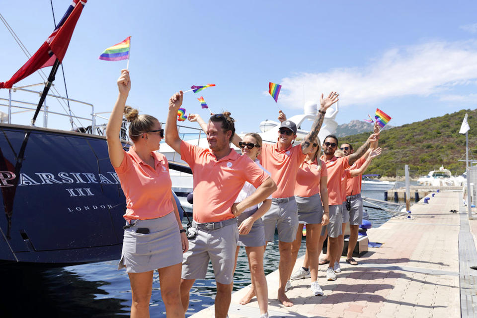 BELOW DECK SAILING YACHT -- Pictured: (l-r) Daisy Kelliher, Gary King, Ileisha Dell, Chase Lemacks, Colin Macrae, Alex Propson -- (Photo by: Fred Jagueneau/Bravo)