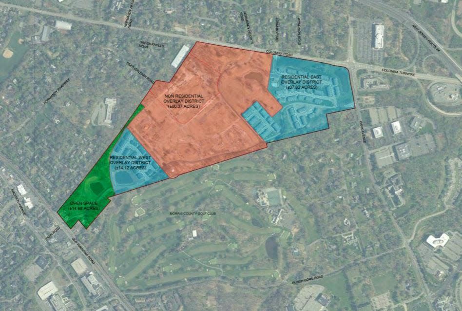 An aerial zoning plan for a proposed training facility for the New York Red Bulls soccer club on an 81-acre portion of the former Honeywell campus, presented to the Morris Township Planning Board on May 17, 2022. Columbia Road runs east to west across the top.