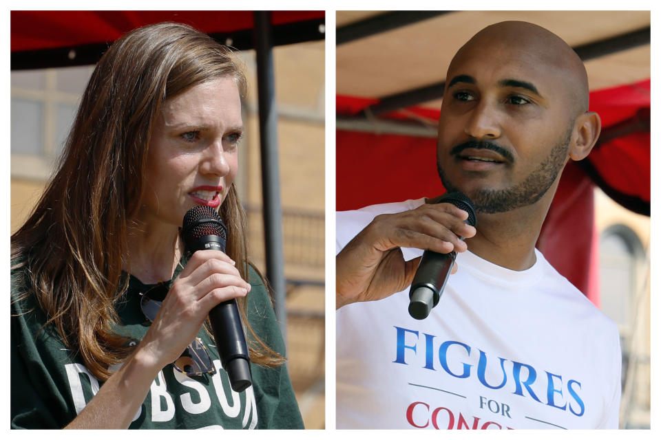 This combination of photos shows Alabama's new 2nd Congressional District Republican candidate Caroleene Dobson, left, and Democratic candidate Shomari Figures during the Macon County Day Festival in Tuskegee, Ala., on Saturday, Aug 31, 2024. (AP Photo/ Butch Dill)