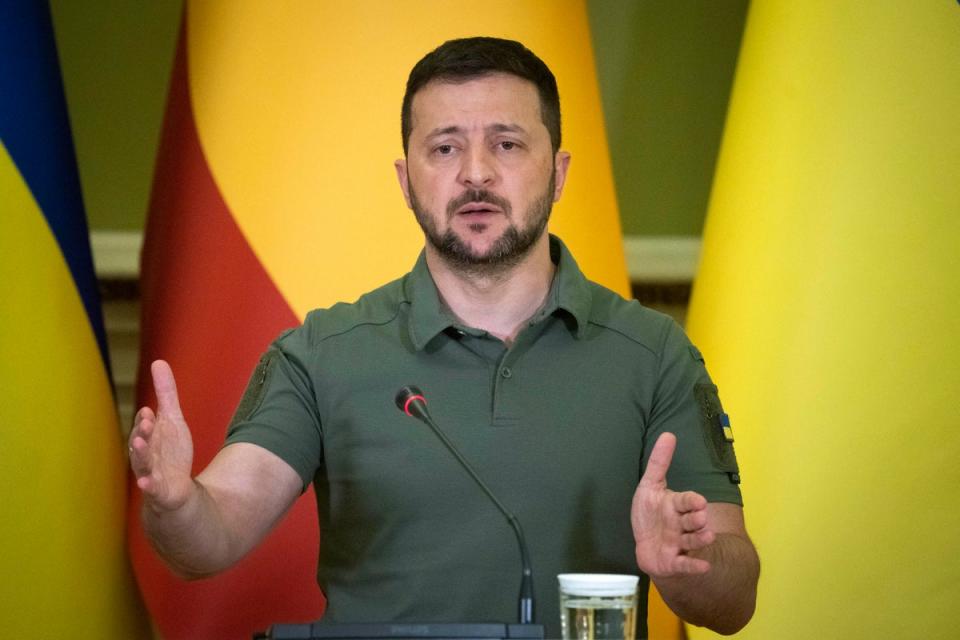 Volodymyr Zelensky spoke at a joint press conference with Spain’s Pedro Sanchez (AP)