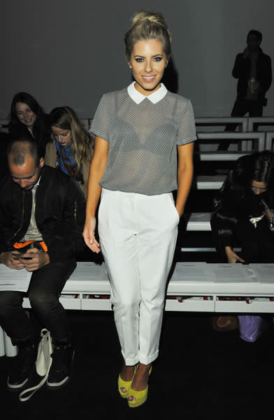 <b>London Fashion Week AW13 FROW </b><br><br>Mollie King teamed her white trousers with neon heels at the Jean-Pierre Braganza show.<br><br>© Rex