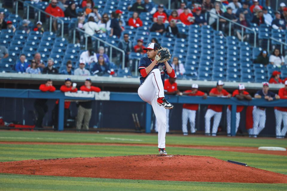 Dustin Saenz throws a pitch for the Fredericksburg Nationals earlier this season.