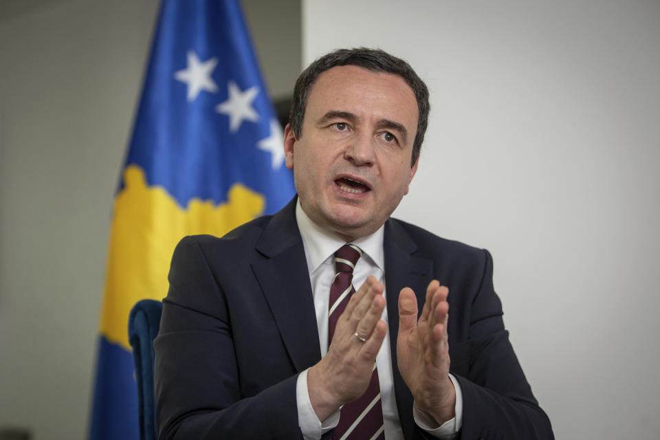 Kosovo Prime Minister Albin Kurti gestures during an interview with The Associated Press in Kosovo's capital Pristina on Thursday, June 8, 2023. Kurti on Thursday complained of bias to his country from the United States and the European Union and tolerance towards Serbia what he called as authoritarian regime. (AP Photo/Visar Kryeziu)