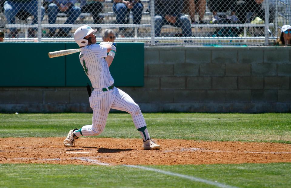 Wall's Matthew Steen hits a three run homer in a matchup against Clyde at the Hawks Nest Stadium on Thursday, March 28, 2024.